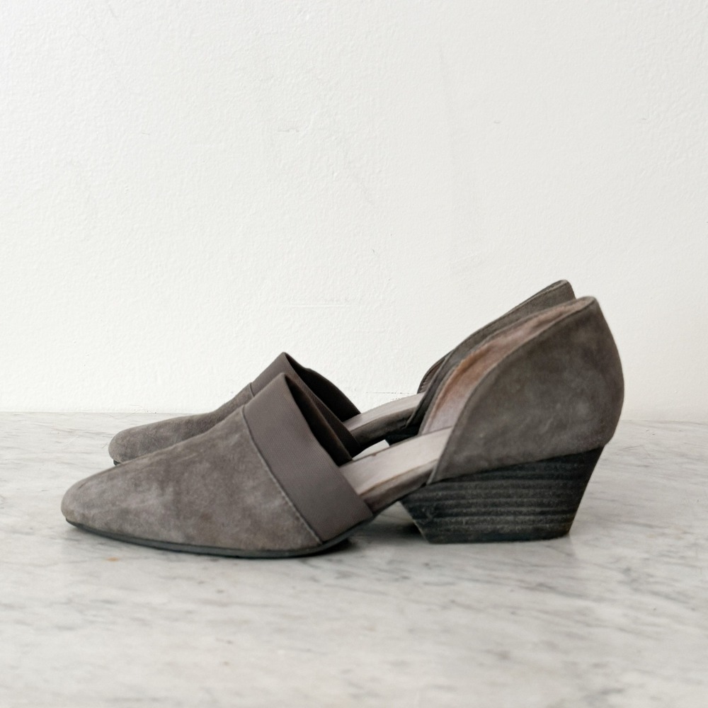 Eileen Fisher Suede d'Orsay Wedge Pumps 8.5 Taupe Grey Pointed Toe Elastic Strap